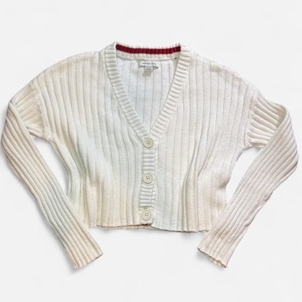 American Eagle White Cropped Ribbed Knit Cardigan; Size XS - Picture 2 of 6